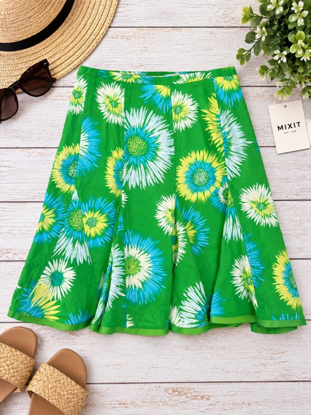 Mixit Green Floral A-Line Skirt Blue White Yellow Print Size 4 100% Cotton